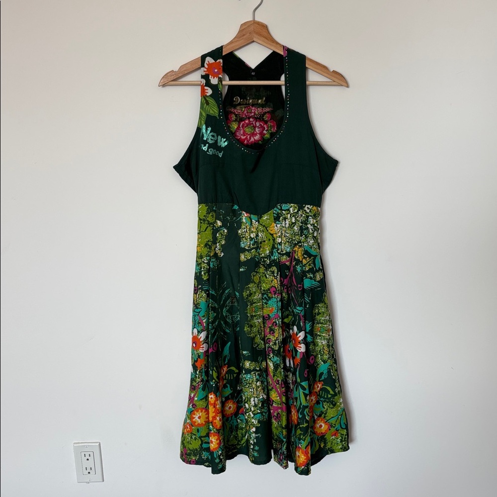 Desigual Green Floral Midi Dress with Orange & Pink Accents